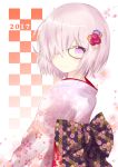  1girl 2017 alternate_costume artist_request checkered checkered_background fate/grand_order fate_(series) floral_background floral_print flower glasses hair_flower hair_ornament hair_over_one_eye japanese_clothes kimono purple_hair sash shielder_(fate/grand_order) short_hair smile solo violet_eyes 