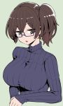  1girl alternate_costume blue-framed_eyewear breasts brown_hair glasses green_eyes hanauna kaga_(kantai_collection) kantai_collection large_breasts long_sleeves looking_at_viewer open_mouth ribbed_sweater semi-rimless_glasses side_ponytail simple_background solo sweater under-rim_glasses upper_body 
