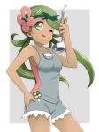  1girl apron dark_skin denim denim_shorts flower green_eyes green_hair hair_flower hair_ornament highres ladle long_hair mallow_(pokemon) one_eye_closed pokemon pokemon_(game) pokemon_sm shorts simple_background sleeveless solo tongue tongue_out twintails yuihiko 