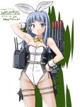  1girl 2017 animal_ears arm_behind_head arm_up armpits bangs bare_shoulders blue_eyes blue_hair blush bow bowtie bunnysuit character_name dated detached_collar eyebrows_visible_through_hair fake_animal_ears hand_on_hip hatsukaze_(kantai_collection) kantai_collection legs_apart leotard long_hair looking_at_viewer rabbit_ears side-tie_leotard solo standing strapless strapless_leotard tatsumi_rei thigh_strap turret twitter_username weapon white_background wrist_cuffs yellow_bow yellow_bowtie 