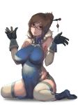  1girl bangs bare_shoulders beads black-framed_eyewear black_panties blue_boots blue_dress boots breasts brown_eyes brown_hair china_dress chinese_clothes covered_navel dress elbow_gloves fur_trim glasses gloves groin hair_bun hair_ornament hair_stick hands_up highres large_breasts lips looking_at_viewer mei_(overwatch) overwatch panties parted_lips pelvic_curtain pink_lips plump short_dress short_hair side-tie_panties side_slit sidelocks simple_background sitting skin_tight sky_of_morika sleeveless sleeveless_dress smile solo swept_bangs teeth thigh-highs turtleneck underwear wariza white_background white_legwear 