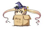  1girl absurdres bangs blonde_hair blush box cardboard_box chibi fairy_(kantai_collection) hair_between_eyes hair_ornament hat hatsuzuki_527 highres in_box in_container kantai_collection long_hair majokko_(kantai_collection) rashinban_musume signature simple_background solid_oval_eyes solo star star_hair_ornament translated twintails twitter_username white_background witch_hat 