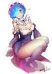  1girl 2017 arm_support artist_name bare_shoulders black_ribbon blue_eyes blue_hair blush bottomless bow breasts cleavage closed_mouth dated detached_sleeves eyelashes feet frills full_body gradient_hair hair_ornament hair_over_one_eye hair_ribbon heart henry_davis highres knees_up looking_at_viewer maid multicolored_hair no_shoes one_eye_covered pink_ribbon purple_hair re:zero_kara_hajimeru_isekai_seikatsu rem_(re:zero) ribbon ribbon-trimmed_clothes ribbon-trimmed_sleeves ribbon_trim short_hair signature simple_background sitting smile solo thigh-highs underbust white_background white_bow white_legwear x_hair_ornament 