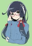  1girl alternate_costume bespectacled black_hair glasses grey_eyes hair_tubes hanauna kantai_collection long_hair looking_at_viewer mizuho_(kantai_collection) red-framed_eyewear ribbed_sweater semi-rimless_glasses sidelocks simple_background smile solo sweater under-rim_glasses upper_body very_long_hair 