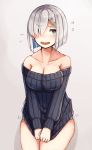  1girl bare_shoulders blue_eyes blush breasts cleavage clothes_tug collarbone covering covering_crotch cowboy_shot crying crying_with_eyes_open grey_background hair_ornament hair_over_one_eye hairclip hamakaze_(kantai_collection) highres kantai_collection large_breasts long_sleeves no_pants off-shoulder_sweater open_mouth panties plan_(planhaplalan) ribbed_sweater short_hair silver_hair solo sweater sweater_tug tears underwear wavy_mouth white_panties 