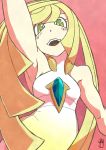  1girl :d arm_up armpits bare_arms bare_shoulders breasts chawalit_adsawawalanon diamond_(shape) dress gem green_eyes highres long_hair looking_at_viewer lusamine_(pokemon) open_mouth pink_background pokemon pokemon_(game) pokemon_sm sleeveless sleeveless_dress small_breasts smile solo teeth turtleneck upper_body very_long_hair white_dress 