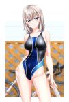  1girl absurdres bangs bicycle black_swimsuit blue_eyes blurry blurry_background breasts commentary_request competition_swimsuit contrapposto cowboy_shot girls_und_panzer ground_vehicle highres itsumi_erika looking_at_viewer medium_breasts medium_hair multicolored_clothes multicolored_swimsuit one-piece_swimsuit parted_lips silver_hair solo standing striped striped_swimsuit swimsuit takafumi 
