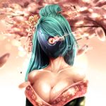  1girl bare_shoulders breasts cleavage collarbone cyborg cyclops detached_sleeves geisha glowing glowing_eye green_hair hair_ornament hairpin half_updo hannah_santos japanese_clothes kimono large_breasts long_hair off_shoulder one-eyed original pink_background red_eyes solo 