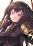  1girl absurdres armor bangs blush bodysuit breasts brown_hair close-up eyebrows_visible_through_hair fate/grand_order fate_(series) glowing glowing_eyes highres large_breasts leanbox light_smile long_hair looking_at_viewer parted_lips pink_eyes scathach_(fate/grand_order) shoulder_armor smile solo upper_body veil 