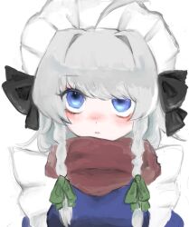  1girl ahoge black_bow blue_dress blue_eyes blush bow braid breasts commentary_request d: dress expressionless green_ribbon hair_intakes hair_over_one_eye hair_ribbon haniwa_kue izayoi_sakuya long_hair maid_headdress medium_breasts nose_blush parted_lips puffy_sleeves red_scarf ribbon scarf simple_background solo swept_bangs touhou tress_ribbon twin_braids upper_body upturned_eyes white_background 