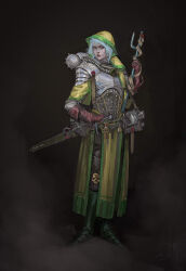  1girl absurdres armor blue_eyes blue_hair bolter book breastplate coat frown gloves highres holding holding_staff hood inquisition_(warhammer) jubilee_2025 luce_(jubilee_2025) nictanova power_armor purity_seal skull solo staff sword warhammer_40k weapon 