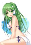  1girl artist_request bikini blush breasts commentary_request frog frog_hair_ornament green_eyes green_hair hair_ornament hair_tubes kochiya_sanae long_hair open_mouth side-tie_bikini solo swimsuit touhou white_bikini 