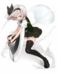  1girl bangs black_bow black_legwear black_shoes black_skirt blunt_bangs bob_cut bow foreshortening full_body gotoh510 green_eyes green_vest hair_bow hairband highres holding holding_sword holding_weapon katana konpaku_youmu konpaku_youmu_(ghost) loafers puffy_short_sleeves puffy_sleeves shoes short_hair short_sleeves silver_hair skirt solo sword thigh-highs touhou vest weapon zettai_ryouiki 