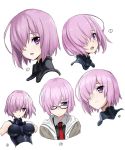  1girl bare_shoulders bodysuit closed_mouth collared_shirt fate/grand_order fate_(series) frown glasses grey_jacket hair_over_one_eye hood hoodie hotori_(sion) multiple_views necktie open_mouth pink_hair red_necktie shielder_(fate/grand_order) shirt short_hair simple_background violet_eyes white_background 