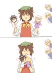  2koma 3girls :&gt; animal_ears blonde_hair brown_eyes brown_hair cat_ears chen closed_eyes comic green_hat hand_puppet hat highres jewelry kiss maribel_hearn multiple_girls open_mouth puppet relationshipping short_hair silent_comic single_earring solo_focus touhou upper_body usami_renko violet_eyes wide_sleeves xinhao yakumo_ran yakumo_yukari yuri 