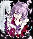  1girl absurdres brown_jacket covering_mouth dress feathered_wings feathers glowing grey_hair highres jacket karano_kuromu kishin_sagume looking_at_viewer looking_up one_eye_closed open_clothes open_jacket purple_dress red_eyes single_wing solo touhou white_wings wings 
