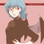  alternate_costume bat_wings blue_hair character_name frilled_sleeves frills onikobe_rin red_eyes remilia_scarlet short_hair simple_background touhou wings 