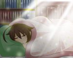  1girl ahoge bookshelf brown_hair closed_eyes futon highres indoors kantai_collection light_particles light_rays pillow shigure_(kantai_collection) sleeping solo under_covers wataru_(nextlevel) 