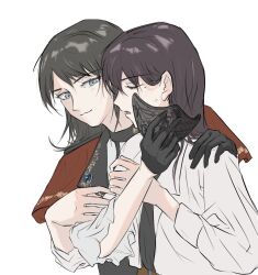  2girls anger_vein bang_dream! bang_dream!_it's_mygo!!!!! black_gloves black_hair black_mask blue_eyes blush brown_hair capelet chinese_commentary closed_eyes closed_mouth commentary_request gloves hand_on_another's_shoulder highres long_sleeves looking_at_another mole mole_under_eye multiple_girls parted_lips red_capelet shiina_taki shirt simple_background smile upper_body white_background white_shirt yahata_umiri yuri zih_ii 