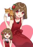  1girl :d animal_on_shoulder azu_(azusayumix) bangs bare_arms bare_shoulders breasts brown_eyes brown_hair cat collarbone commentary_request controller copyright_request dress eyebrows_visible_through_hair food-themed_hair_ornament game_controller hair_between_eyes hair_ornament hands_up heart highres holding pointing red_dress red_eyes sleeveless sleeveless_dress small_breasts smile strawberry_hair_ornament virtual_youtuber white_background 