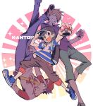  3boys backpack bag bangs baseball_cap black_hair black_hat bright_pupils brown_hair capri_pants denim grey_eyes hat highres holding holding_poke_ball irima_(doron) jeans male_focus male_protagonist_(pokemon_sm) multiple_boys ookido_green ookido_green_(sm) open_collar pants poke_ball pokemon pokemon_(game) pokemon_sm raglan_sleeves red_(pokemon) red_(pokemon)_(sm) shirt shoes short_hair smile sneakers sparkle spiky_hair striped striped_shirt swept_bangs t-shirt 