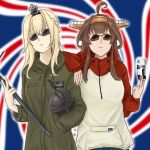  2girls ahoge arm_on_shoulder blonde_hair braid brown_hair casual crown_braid headgear highres jacket kantai_collection kongou_(kantai_collection) multiple_girls oasis_(band) sally_wasabi scepter sidelocks sunglasses sweater the_beatles ticket warspite_(kantai_collection) 