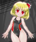  1girl blonde_hair blush competition_swimsuit one-piece_swimsuit red_eyes rumia short_hair smile solo swimsuit tagme touhou winn 