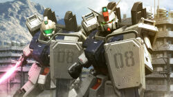  3d artist_name beam_saber building clouds commentary_request english_text ground_gm ground_gundam gundam gundam_08th_ms_team highres machinery mecha mecha_focus mobile_suit mountain no_humans realistic robot ruins s.hasegawa science_fiction shield v-fin watermark window 