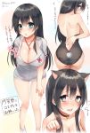  1girl agano_(kantai_collection) animal_ears ass bare_arms bare_back bare_shoulders bell bell_choker between_breasts black_hair blue_eyes blush breasts bunny_girl bunny_tail bunnysuit cat_ears choker cleavage eyebrows_visible_through_hair hair_between_eyes heart heart-shaped_pupils highres kantai_collection large_breasts leaning_forward long_hair looking_at_viewer looking_back multiple_views nurse open_mouth paw_pose sakiryo_kanna symbol-shaped_pupils tail translation_request twitter_username 