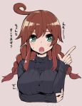  1girl alternate_costume blush braid breasts brown_hair green_eyes hanauna kantai_collection large_breasts long_hair long_sleeves looking_at_viewer noshiro_(kantai_collection) open_mouth ribbed_sweater simple_background solo sweater translation_request twin_braids upper_body 