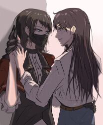  2girls bang_dream! bang_dream!_it's_mygo!!!!! black_gloves black_hair black_mask blue_eyes blue_skirt blush brown_hair capelet chinese_commentary commentary_request eye_contact gloves hand_on_another's_waist highres long_hair long_sleeves looking_at_another mask mole mole_under_eye mouth_mask multiple_girls parted_lips red_capelet shiina_taki shirt short_sleeves skirt violet_eyes white_shirt yahata_umiri yuri zih_ii 