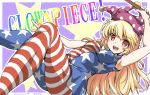  1girl american_flag_dress american_flag_legwear armpits blonde_hair blush breasts character_name clownpiece dress hat jester_cap long_hair looking_at_viewer medium_breasts neck_ruff oku_tamatarou pantyhose polka_dot red_eyes revision short_dress short_sleeves smile solo star star_print striped torch touhou 