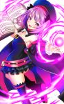  1girl armpits bare_shoulders black_legwear blush book detached_sleeves fate/grand_order fate_(series) flat_chest helena_blavatsky_(fate/grand_order) highres looking_at_viewer open_mouth purple_hair sheepd short_hair solo spell strapless tree_of_life violet_eyes 
