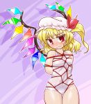  1girl bdsm blonde_hair blush bondage bound crystal flandre_scarlet red_eyes school_swimsuit shibari short_hair side_ponytail solo swimsuit tagme tied_up touhou white_school_swimsuit white_swimsuit wings winn 