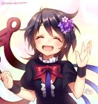  1girl ^_^ asymmetrical_wings black_dress black_hair blush bow closed_eyes dress flower gradient gradient_background hair_flower hair_ornament happy highres houjuu_nue looking_at_viewer masaru.jp open_mouth short_hair short_sleeves simple_background smile solo touhou twitter_username upper_body wings wristband 