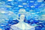  1girl blue blue_hair dress fish halterneck long_hair mani_(rokyujuusan) open-back_dress original solo submerged traditional_media underwater watercolor_(medium) 