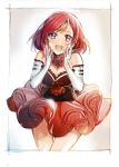  1girl :d bare_shoulders blush breasts choker cleavage dress elbow_gloves fingerless_gloves frilled_dress frills gloves hands_on_own_face love_live! love_live!_school_idol_project nishikino_maki open_mouth redhead short_dress short_hair smile solo tibino violet_eyes 
