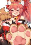  1girl alternate_color animal_ears bell bell_collar bow breasts claws closed_eyes collar fang fate/extra fate/grand_order fate_(series) fox_ears fox_tail hair_bow japanese_clothes large_breasts open_mouth osiimi paws pink_hair red_clothes smile solo tail tamamo_(fate)_(all) tamamo_cat_(fate) yellow_eyes 