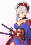  1girl blue_eyes blush breasts detached_sleeves earrings fate/grand_order fate_(series) gradient gradient_background hair_ornament hand_on_own_chest japanese_clothes jewelry katana kimono kyuchan large_breasts looking_at_viewer miyamoto_musashi_(fate/grand_order) obi ponytail sash solo sword weapon 