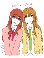 2girls blonde_hair brown_eyes brown_hair green_eyes green_necktie green_neckwear happy kirara_fantasia koufuku_graffiti long_hair machiko_ryou multiple_girls orange_shirt pink_shirt red_eyes redhead school_uniform shiina_(koufuku_graffiti) uniform yellow_shirt yuri