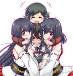  &gt;_&lt; 4girls bare_shoulders blush braid closed_eyes commentary_request detached_sleeves embarrassed fusou_(kantai_collection) girl_sandwich hair_ornament hair_over_shoulder headgear hug kantai_collection kuon_(nokokopopo) long_hair long_sleeves mogami_(kantai_collection) multiple_girls nontraditional_miko obi open_mouth red_eyes sandwiched sash school_uniform serafuku shigure_(kantai_collection) short_hair single_braid yamashiro_(kantai_collection) 