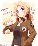  2girls black_shirt blonde_hair blue_eyes brown_jacket character_name chibi darjeeling emblem girls_und_panzer grin hair_intakes hand_in_pocket happy_birthday heart highres jewelry kapatarou kay_(girls_und_panzer) long_hair looking_at_viewer military military_uniform minigirl multiple_girls necklace outside_border saunders_(emblem) shirt simple_background smile standing star twitter_username uniform upper_body yellow_background 