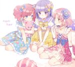  3girls aikatsu! amahane_madoka bangs blue_eyes blue_ribbon blush booota bow bowtie dress drill_hair earrings frilled_dress frills gloves green_eyes hair_ornament hair_ribbon hikami_sumire holding jewelry kitaouji_sakura long_hair multiple_girls necklace pink_hair puffy_short_sleeves puffy_sleeves purple_hair ribbon short_hair short_sleeves sitting skirt skirt_set sleeveless smile twin_drills violet_eyes wariza white_background white_gloves wrist_cuffs 