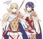  1boy 1girl alfonse_(fire_emblem) armor blonde_hair blue_hair brother_and_sister cape dinikee fire_emblem fire_emblem_heroes holding holding_weapon lance pauldrons polearm sharena short_hair siblings sweat sweatdrop weapon 