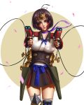  1girl brown_hair choker dual_wielding head_tilt highres japanese_clothes koutetsujou_no_kabaneri mumei_(kabaneri) petals pokoteng red_eyes ribbon_choker short_hair solo weapon 