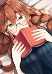  1girl arms_at_sides bangs bed_sheet bespectacled blush book braid breasts brown_hair cleavage close-up covered_mouth covering_mouth dutch_angle ear_blush eyebrows_visible_through_hair from_above glasses green_eyes hair_between_eyes hair_flaps hands_up holding holding_book kantai_collection large_breasts long_hair looking_at_viewer lying nose_blush noshiro_(kantai_collection) on_back open_book plan_(planhaplalan) ribbed_sweater round_glasses solo sweater twin_braids 