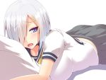  1girl bed bed_sheet blush breast_press breasts cleavage cushion eyebrows_visible_through_hair grey_skirt hair_ornament hair_over_one_eye hairclip hamakaze_(kantai_collection) highres kantai_collection large_breasts looking_back lying on_stomach open_mouth pleated_skirt school_uniform short_hair silver_hair skirt tsurime twinameless 