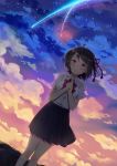  1girl artist_name black_skirt blush breasts brown_eyes closed_mouth clouds cloudy_sky collared_shirt comet crying crying_with_eyes_open dutch_angle evening hair_ribbon hands_on_own_chest happy_tears highres jewriel kimi_no_na_wa kneehighs looking_at_viewer medium_breasts miyamizu_mitsuha night night_sky outdoors pleated_skirt red_string ribbon shirt short_hair signature skirt sky smile solo standing string tears white_legwear white_shirt 