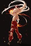  &gt;:o 1girl :o absurdres armpit_peek baggy_pants bangs black_shoes bow fire floating_hair from_side fujiwara_no_mokou full_body gotoh510 hair_bow highres long_hair looking_to_the_side open_mouth pants red_eyes red_pants shirt shoes short_sleeves solo standing suspenders torn_clothes torn_shirt torn_sleeves touhou white_hair white_shirt 