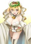  belt blonde_hair blush boots breasts bridal_veil cleavage fate/extra fate/extra_ccc fate/grand_order fate_(series) green_eyes groin highres katagiri_(giri_77) large_breasts laurel_crown lock looking_at_viewer saber_bride saber_extra thigh-highs thigh_boots veil 
